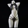 Sexy zwarte kanten bodysuit met halternek, bloemenborduurwerk en uitgesneden details - Eén maat / Zwart