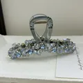 Elegant light blue and white crystal claw clip on transparent gray resin base - Handmade Rhinestone Style (P-SS18) / Light Blue
