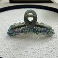 Large vintage green fabric hair claw clip with colorful shimmering crystal beads - Iridescent Beaded Satin Style / Light Green