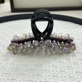 Purple velvet hair claw clip with crystal beads and black glossy base for women - Iridescent Crystal Beaded Style / Light Purple