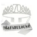 70th Birthday set with silver rhinestone crown and white 70 & Fabulous sash kit - 70th Birthday Style / Silver