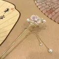 Elegant gold metal hair stick with purple magnolia petals and white pearls - Purple Tassel