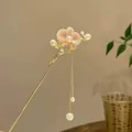 Elegant gold Chinese hair pin with pink magnolia flowers and pearl tassels - Pink Tassel