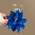 Deep blue lily flower hair claw clip with green leaf accents for elegant styling - Lily Navy Blue