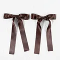 Pair of dark brown satin ribbon hair clips with long streamers in Japanese school style - Brown
