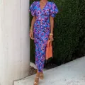 Elegantes, eng anliegendes Kleid mit blauem Leopardenmuster und Puffärmeln für den Sommer - 3XL / Blaues Blumenmuster