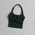 Detail showing high-elastic dark green ribbed fabric with pleated halter neckline - S / Turquoise