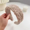 Thick plush beige lamb wool headband for women with a warm minimalist fuzzy texture - Khaki