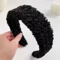 Thick black faux lamb wool headband with plush wide brim for high head top look - Black