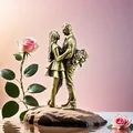 Dettaglio statua di coppia in ottone con finitura bronzo vintage su base di roccia - Stile coppia romantica con fiori