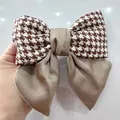 Classic houndstooth and silk satin oversized bow hair clip in soft brown tones - Plaid Champagne Spring Clip