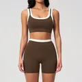 Two-piece yoga set with brown sports bra and high-waisted shorts in white contrast - S / Top And Bottom (Bra and Shorts) / Coffee