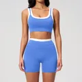 Women's rib-knit royal blue yoga set with white contrast trim and high waist shorts - S / Top And Bottom (Bra and Shorts) / Sky Blue