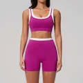 Two-piece ribbed yoga set with rose red crop top and high waist shorts in white trim - S / Top And Bottom (Bra and Shorts) / Dragon Fruit