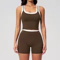 Women's dark brown and white high-waist seamless yoga set with ribbed tank and shorts - S / Top And Bottom / Coffee