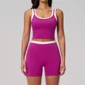 Women's pink seamless high waist yoga set with contrast crop top and shorts - S / Top And Bottom / Dragon Fruit