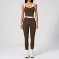 Brown yoga set for women featuring white contrast trim and high waist ribbed leggings - S / Top And Bottom / Coffee