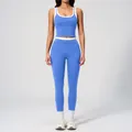 Women's sky blue ribbed high waist yoga set with white color contrast trim details - S / Top And Bottom / Sky Blue