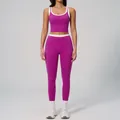 Two-piece ribbed yoga set in magenta with white contrast trim and high waist leggings - S / Top And Bottom / Dragon Fruit