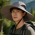 Men's wide brim sun hat in grey with breathable mesh and chin strap for hiking - 15CM Large Brim / Light Gray