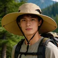 Men's khaki wide brim outdoor sun hat with breathable mesh and chin strap - 15CM Large Brim / Khaki