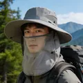 Mens dark grey outdoor sun hat with detachable face mask and neck protection cover - Full Brim / Light Gray