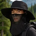 Men's black outdoor sun hat with wide brim and detachable mesh face mask cover - Full Brim / Black