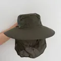 Dark green wide brim sun hat with neck protection flap and breathable mesh detail - Full Brim / Army Green