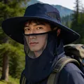 Men's navy blue wide brim sun hat with mesh face cover for outdoor fishing - Full Brim / Navy Blue