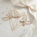 Set di tre forcine da sposa con foglie, perle e strass su spilli a forma di U in metallo oro - Farfalla dorata