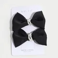 Pair of elegant black velvet bow hair clips decorated with double-row white pearls - Small Pearl Black