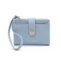 Close-up of light blue lychee pattern PU leather wallet with wristlet and gold metal buckle - Sky Blue