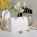 Minimalist white house-shaped paper gift bag with golden woven handle and triangular roof - 20x10x13.5cm-Handheld Gift Box / White