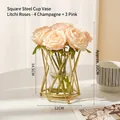 Modern gold geometric metal vase with champagne and pink artificial roses for home decor - Geometric Vase and Artificial Roses