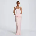 Elegant light pink square neck corset maxi dress with satin finish and draping - Pink
