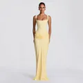 Elegant pale yellow bodycon maxi dress with corset waist and pleated satin finish - Yellow