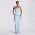 Slim fit light blue square neck maxi dress with corset bodice and side ruching details - Blue