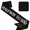 Black glitter sash with colorful Halfway to 100 text and gold pins for 50th birthday - HALFWAY TO 100 (Iridescent Text)