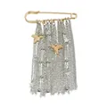 Golden safety pin brooch with silver multi-layer tassels, bird and star charms - Bird and Star Style (ZW3316)