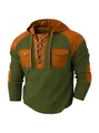 Dettaglio della felpa waffle verde militare con patchwork marrone e scollo con lacci - S / Verde Militare