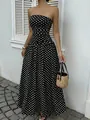 Elegante vestido largo palabra de honor a lunares blancos y negros con cintura ajustada - S / Negro