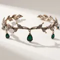 Corona di foglie dorate vintage con cristalli e ciondoli a goccia verdi eleganti - Oro Antico Zircone Verde