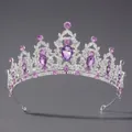 Elegante zilveren kroon met dieppaarse druppelkristallen en witte fonkelende strass - Zilver + Paarse Strass