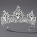 Tiare de mariée argentée élégante avec grands cristaux en goutte et motifs baroques - Couronne d'anniversaire lourde (TS-J3364S)