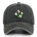 Detail of white daisy embroidery on dark grey washed cotton baseball cap for women - One Size / Army Green