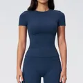 Women's slim fit navy blue yoga set with short sleeve top and athletic leggings - Navy Blue