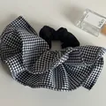 Houndstooth pattern large bubble hair clip with black contrast trim for women - Gingham Ribbon Style / Black and White Houndstooth Patchwork Black Scrunchie