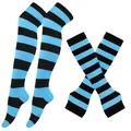 Blue and black horizontal striped over-knee socks and arm warmer set for cosplay outfits - One Size / Light Blue and Black Extra Wide Striped