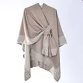 Camel cashmere-like split poncho with Greek key pattern and buckled strap closure - Khaki Geometric Meander