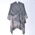 Grey and pink reversible knitted poncho featuring a Greek key pattern and waist tie knot - Gray Pink Geometric Meander
